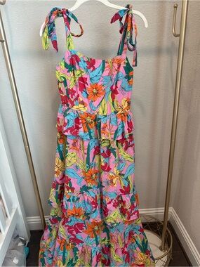 Vibrant Pink Floral Tie-Shoulder Maxi Dress